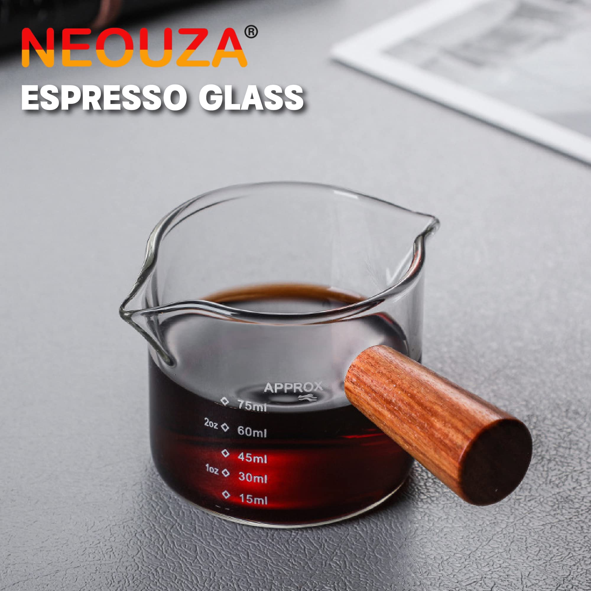 NEOUZA Taza Medidora De Vidrio Para Espresso 75ml – Vasito De Chupito Doble Con Asa Y Escala En Ml/oz – Resistente Al Calor Y Sin BPA – Ideal Para Cocina Y Café