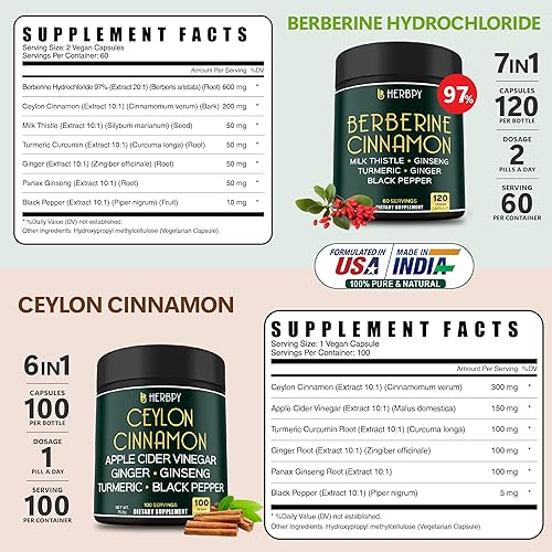 Miniatura 4 de Paquete de suplementos de berberina HCl 7 en 1 y canela de Ceilán 6 en 1 de primera calidad - Apoya la relajación, el sistema inmunológico y la
