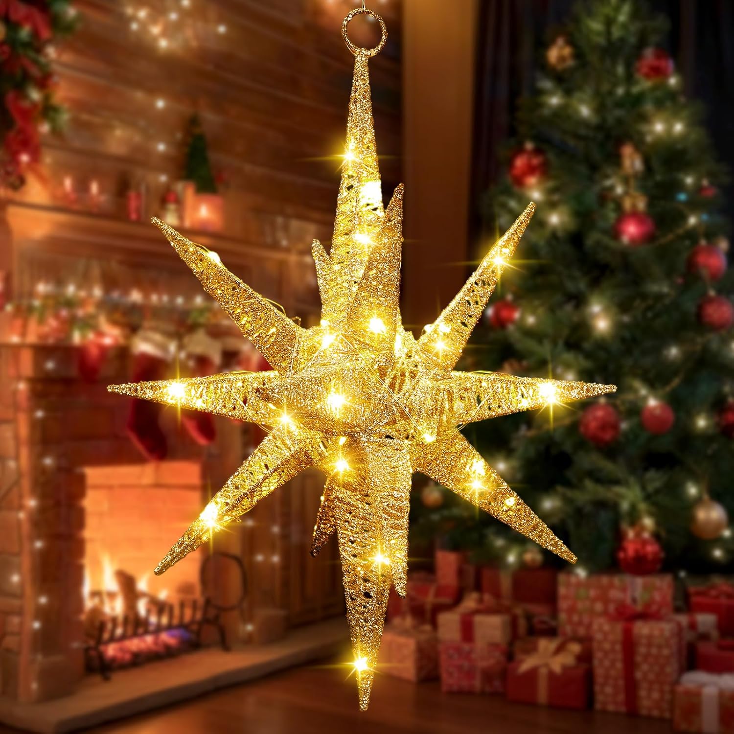 Retisee 14'' Christmas Warm White LED Moravian Star Glitter Metal Hanging Outdoor Light, Battery Powered Xmas 3D Stars Lights for Holiday Porch Yard Ballroom Advent Star Xmas Decor(Gold)