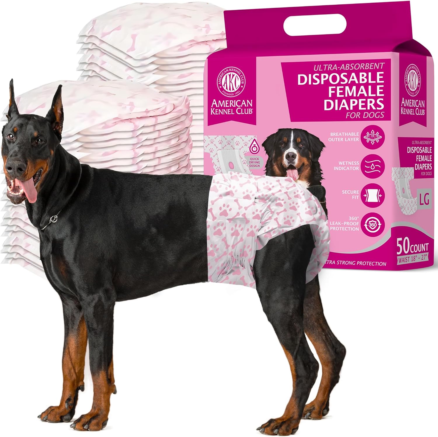 Size LG American Kennel Club Female Dog Wrap, Disposable Diapers with Wetness Indicator, Large, 50 Count