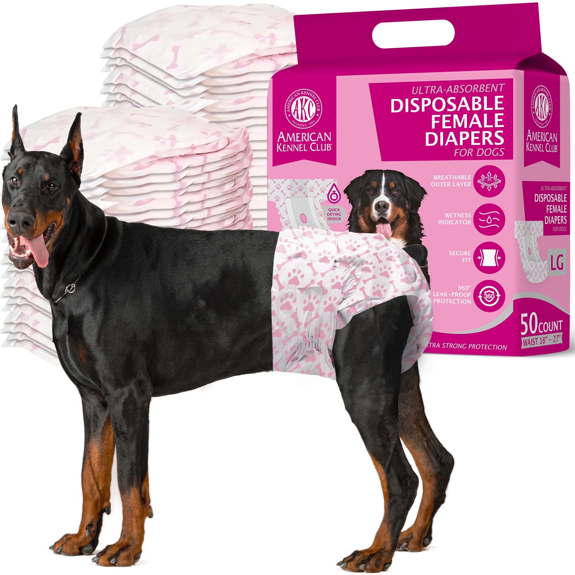 American Kennel Club Female Dog Wrap, Disposable Diapers with Wetness Indicator, Large, 50 Count