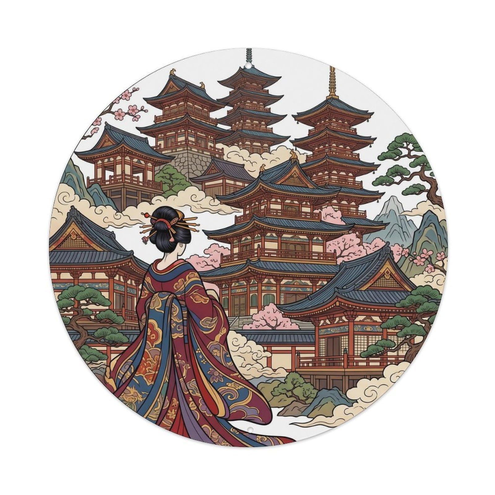 Galvaxio Style Japanese Kimono Woman Observing Pavilion Tower Layered Metal Tin Sign