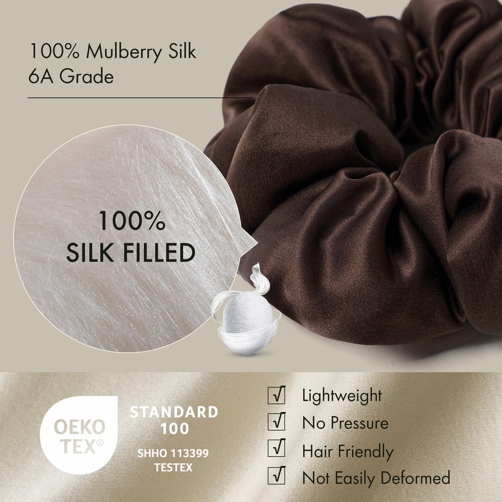 LILYSILK Women's 100% Mulberry Silk Big Hair Scrunchies Ladies Pure Silk Filled Giant XL Ponytail Holder Oversized Elastic Hair Tie Band Large Jumbo Hair Bobble for Breakage Prevention(Chocolate) - Image 3