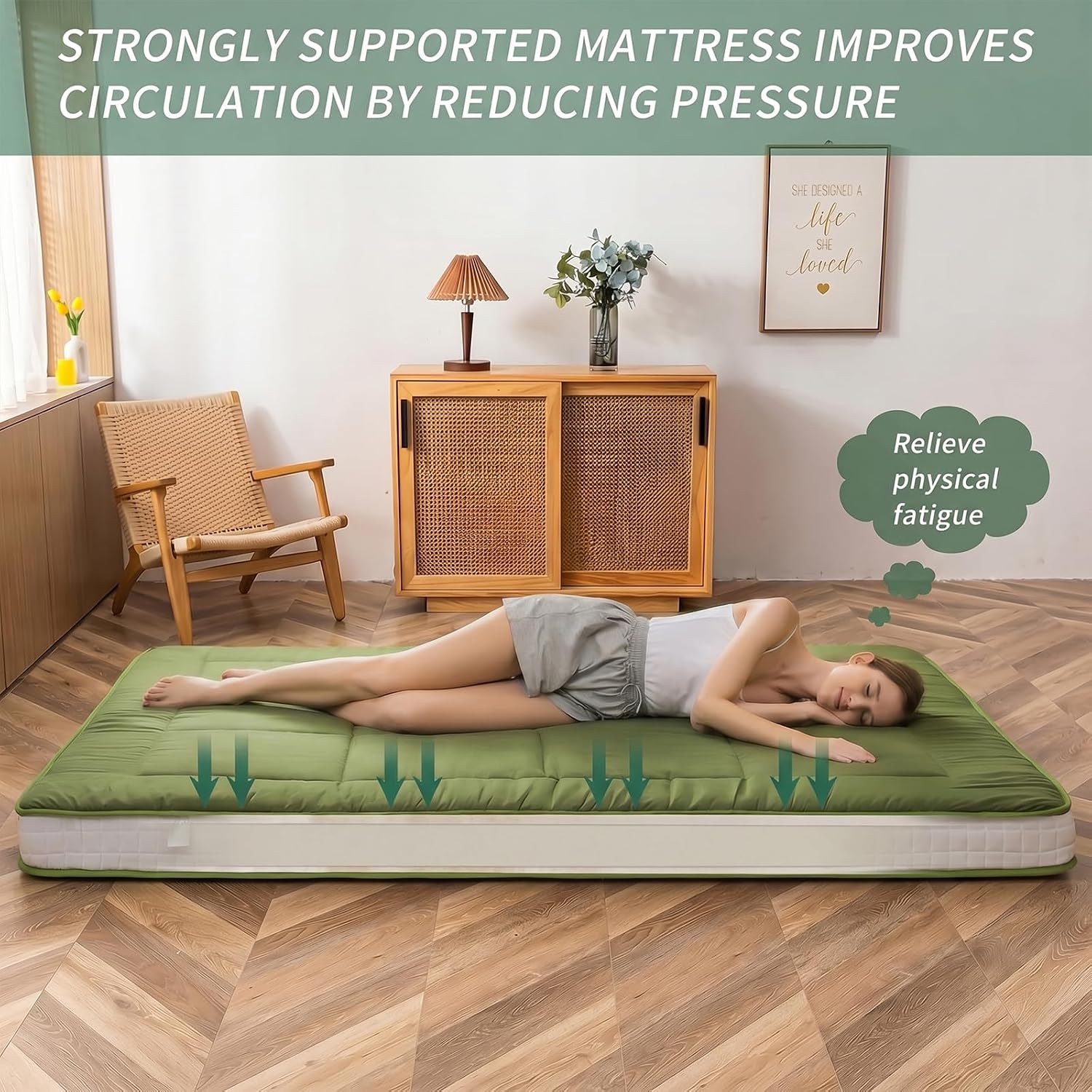 MAXYOYO Futon Mattress, Padded Japanese Floor Mattress Quilted Mattress Topper, Extra Thick Folding Sleeping Pad Breathable Floor Lounger Guest Couch for Camping, Green, Queen