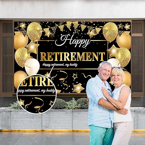 Miniatura 5 de GEMLORD Decoraciones de fiesta de jubilación con texto en inglés Happy Retirement de tela grande, telón de fondo negro y dorado con cuerda