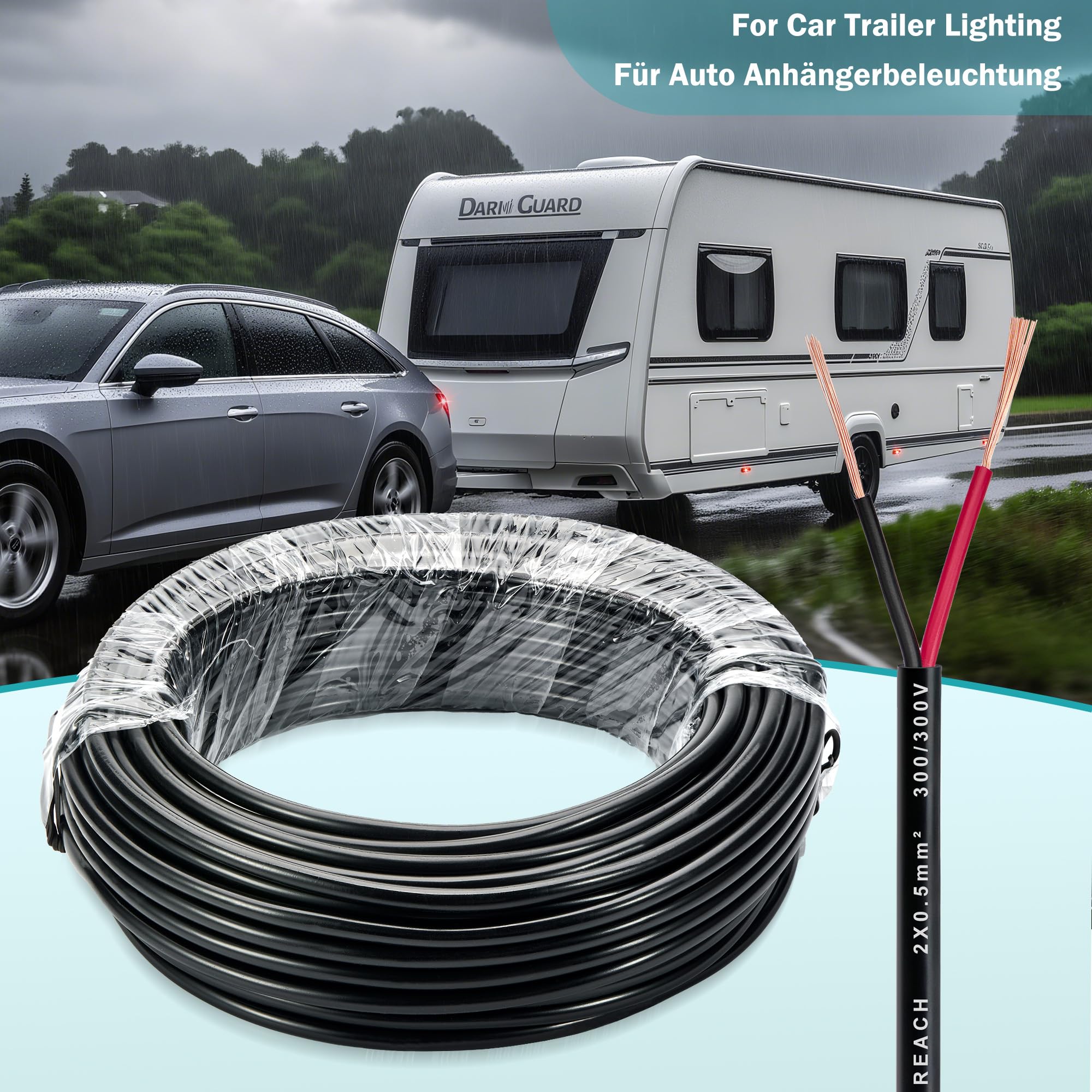 Cavo Flessibile 2 Fili per Rimorchio 0,5mm², 15M Cablaggio Cavi Rimorchio 2 Conduttori 12V/24V per Caravan Camper Camion Illuminazione & LED Decoration, Approvato Reach RoHs