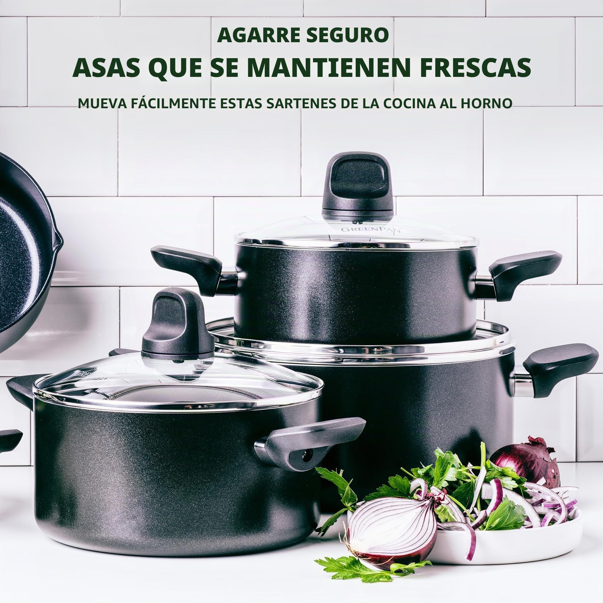 GreenPan Batería de Cocina Antiadherente de Aluminio con Revestimiento de Cerámica, Apta para Todo Tipo de Cocinas, Inducción, Horno y Lavavajillas, 4 piezas, Negro