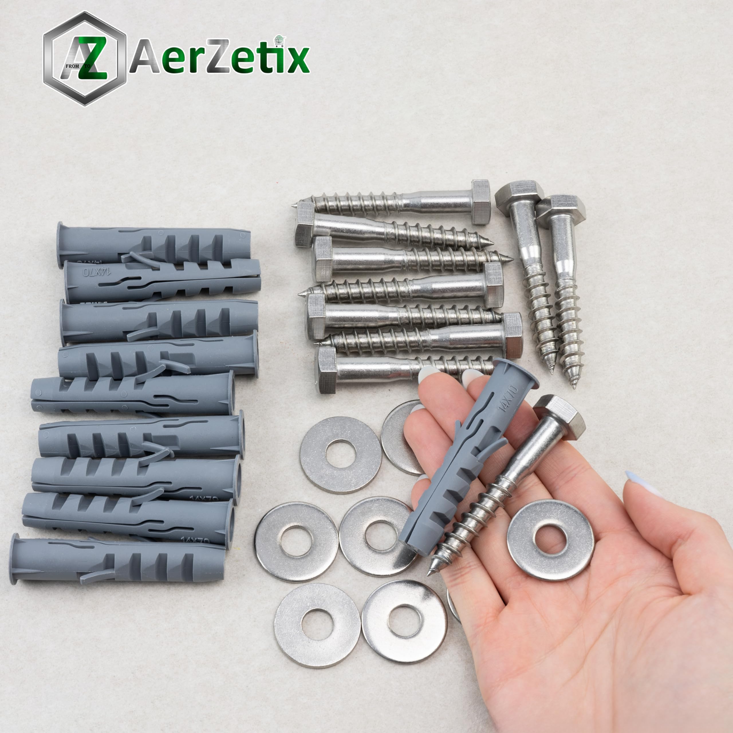 AERZETIX - Kit di 10 tasselli a colletto Ø14x70 mm in nylon + 10 viti tirafondi Ø10x70 mm in acciaio inossidabile A2 + 10 rondelle larghe A2 per bullone M10