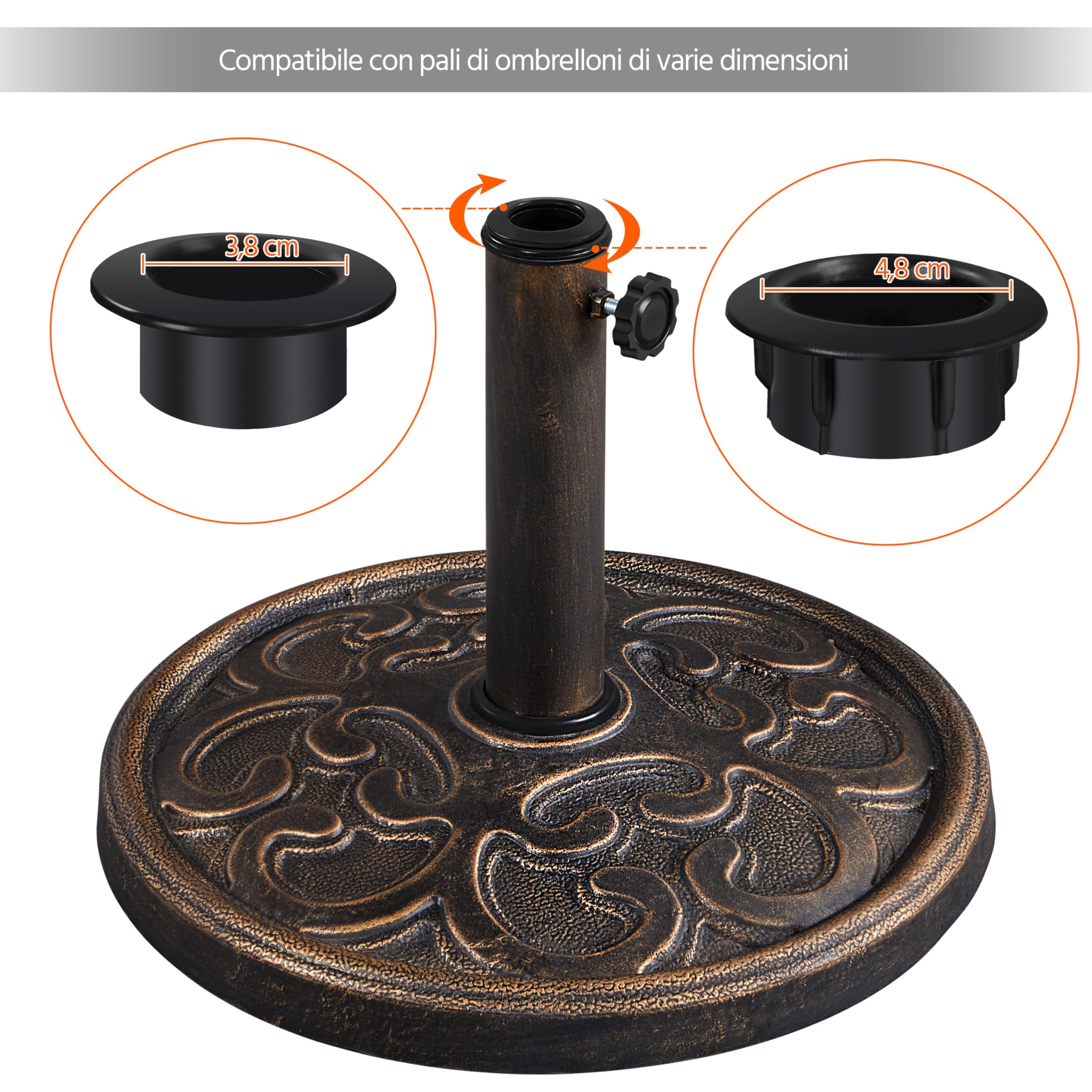 Yaheetech Base per Ombrellone da Giardino in Resina e Metallo Supporto 10 kg per Pali da Ø38mm e Ø48mm con Effetto in Ghisa Esterno Veranda Terrazza Piscina Spiaggia Patio Bronzo