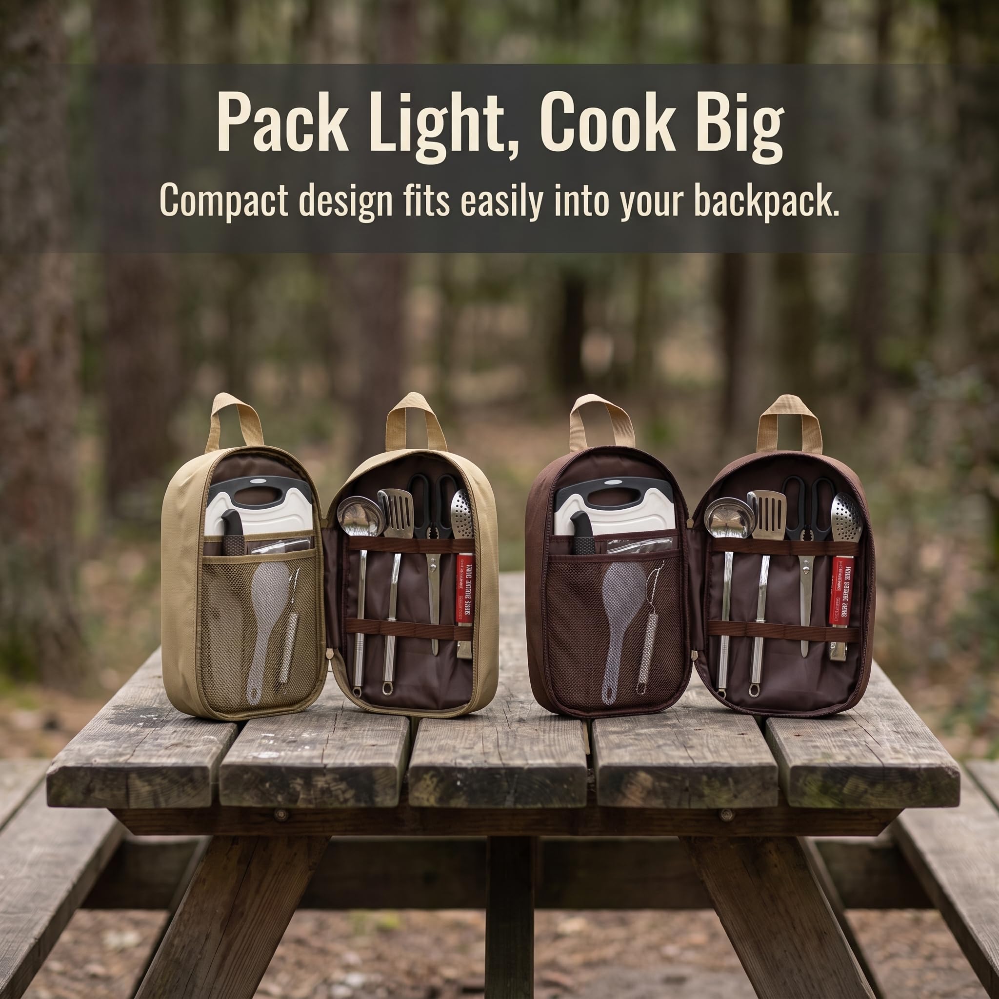 Juego Unsilios Cocina Camping Acero Inoxidable para Acampada y Actividas al Libre, Caqui