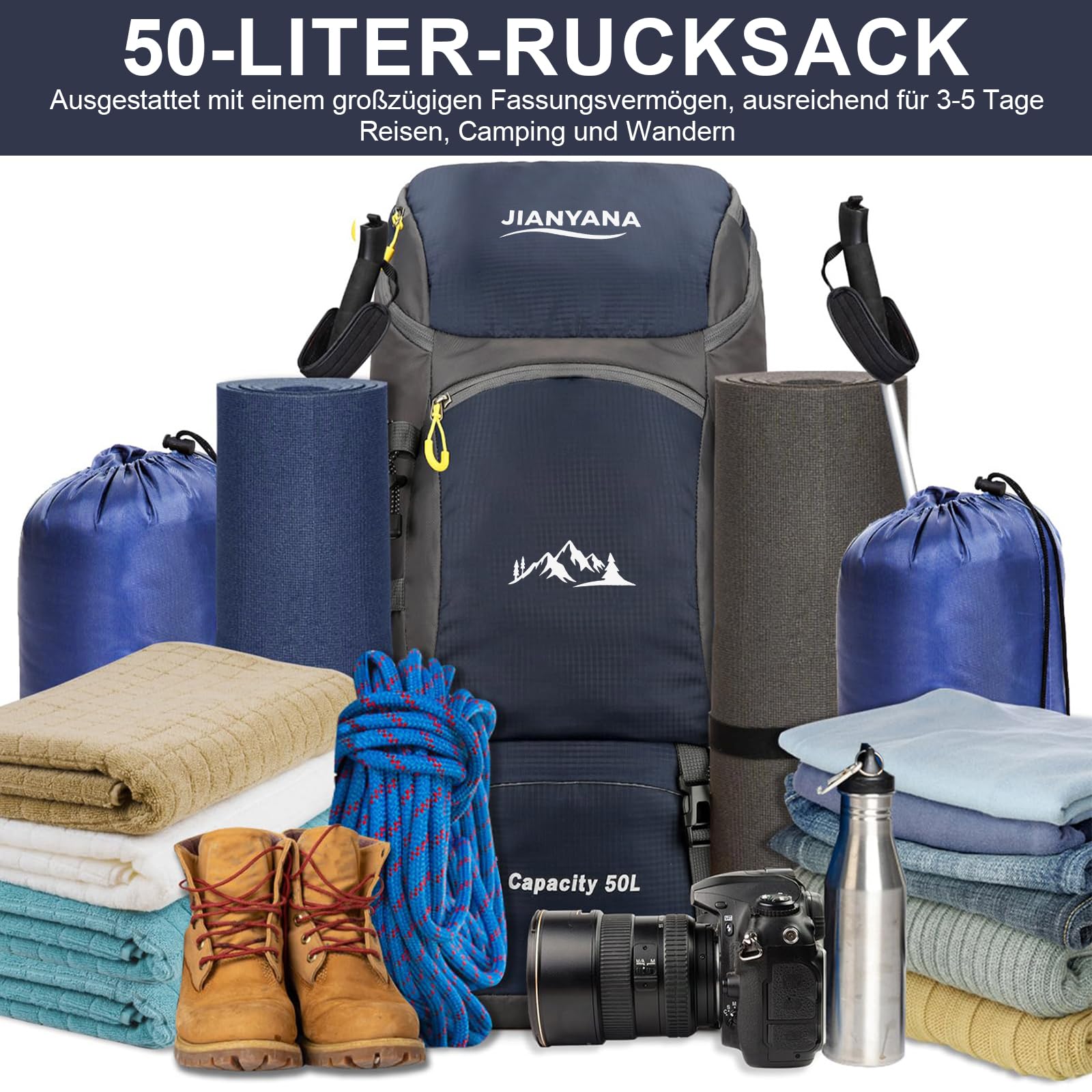 jianyana Wanderrucksack 50L Trekkingrucksack Regenhülle Reiserucksack Wasserdichter Campingrucksack für Wandern Camping Bergsteigen Reisen Sport Herren Damen