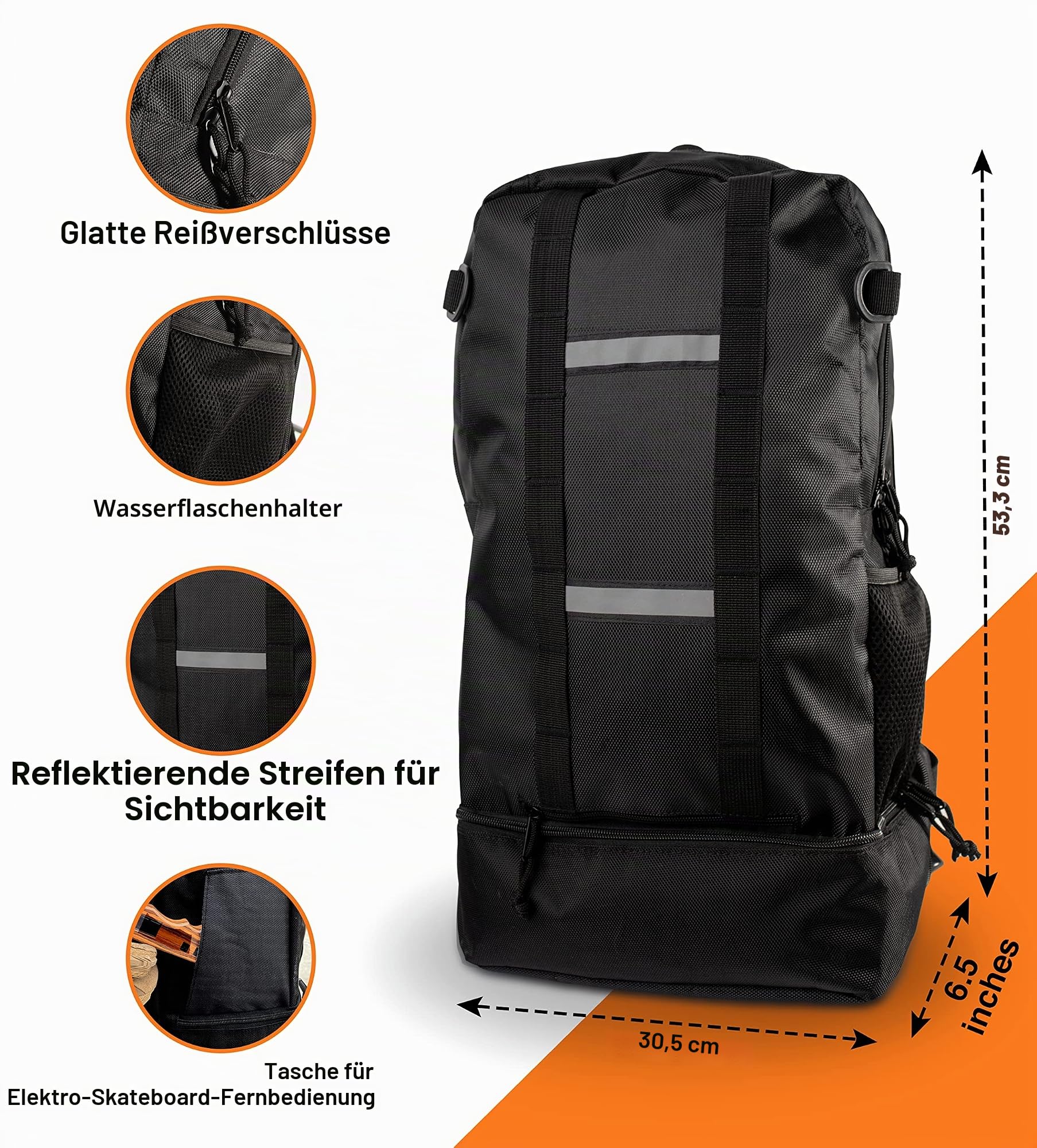 Faltbarer elektrischer Skateboard-Rucksack für Longboard oder Skateboard jeder Größe,großer wasserdichter Reise-Skateboard-Rucksack mit Fächern für Laptop, Helm, Telefon, Schwarz, Modern