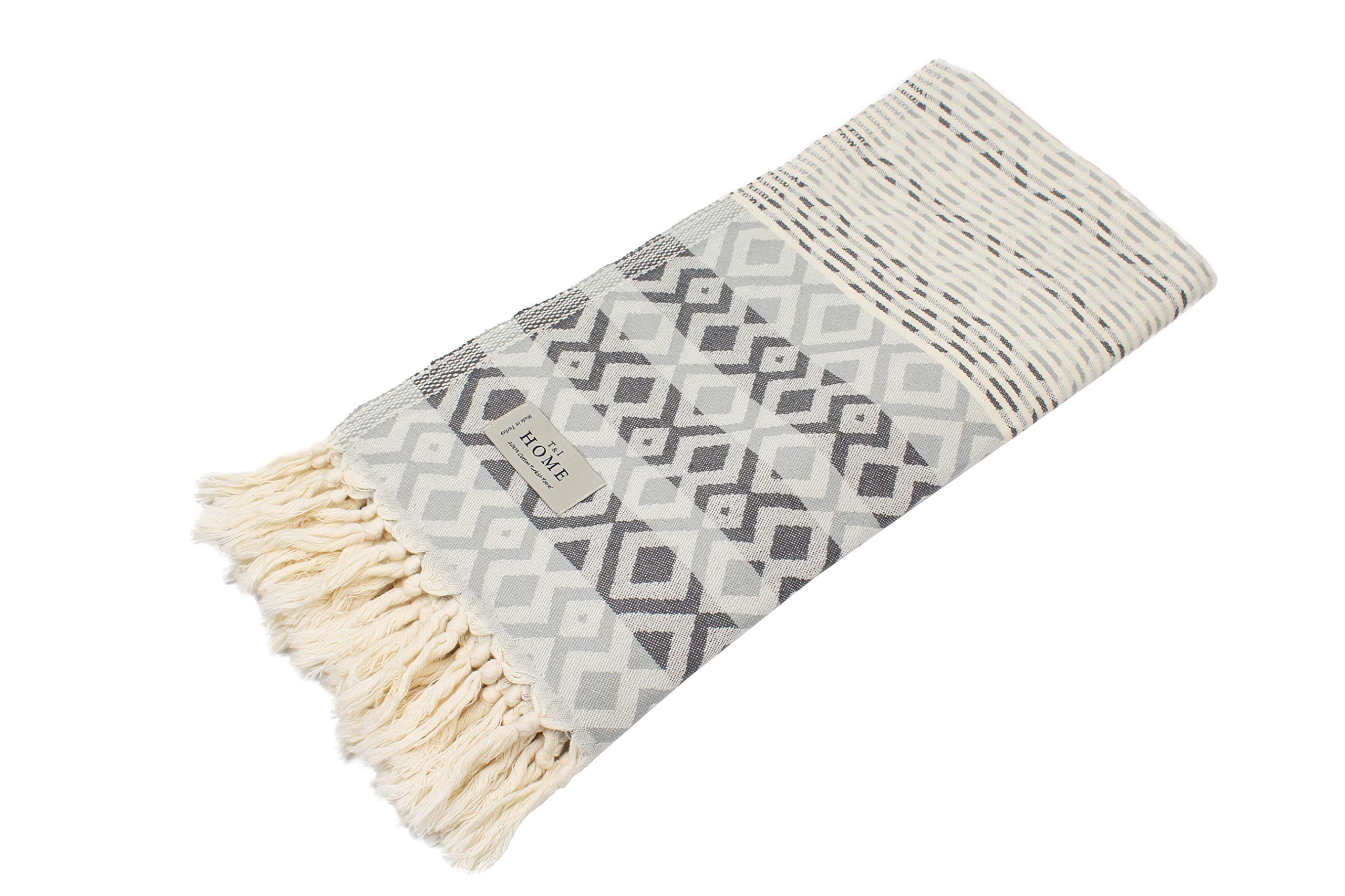 Diamond Design 100% Cotton Turkish Beach Towel - Gray, Quick Dry, Prewashed, Oversized (36x70) Decorative Bathroom Towel, Turkish Peshtemal Towel and Blanket for Spa, Gym, Pool, Yoga