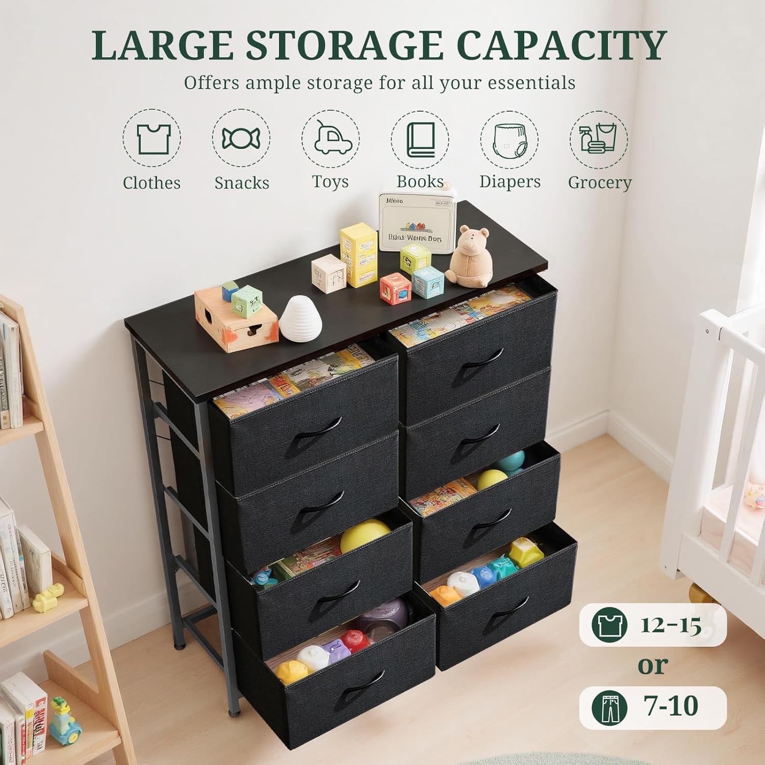 8-Drawer Dresser for Bedroom, Anti-Tip Tall Storage Organizer Chest of Drawers with Wooden Top and Metal Frame Fabric Bins for Closet, Living Room, Hallway, Entryway, Black - Image 5