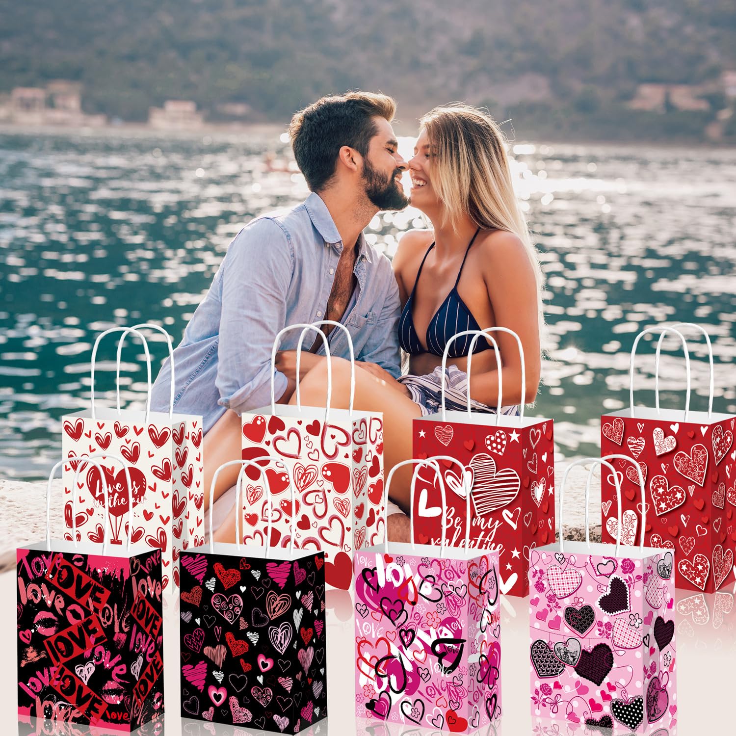 KIPETTO Valentines Gift Bags 12Pcs Valentines Day Paper Bags with Handles Love Heart Shaped Treat Goodies Bag for Valentines Day Party Favors Class Baggies Pouch
