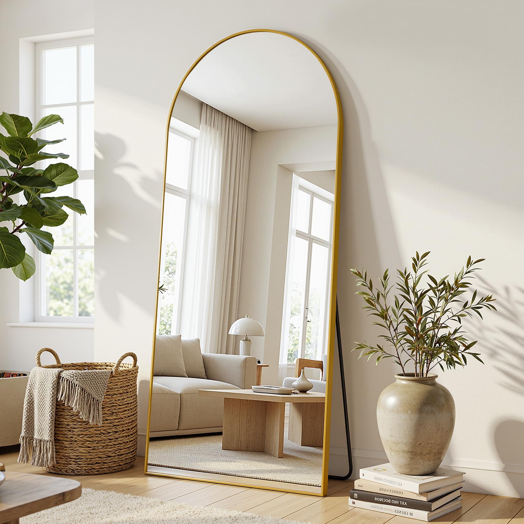 Antok 180x68cm Ganzkörperspiegel, Gewölbter Standspiegel, Rahmen aus Aluminiumlegierung, Bruchsicheres Glas, Bodenspiegel für Wohnzimmer, Ankleide, Gold