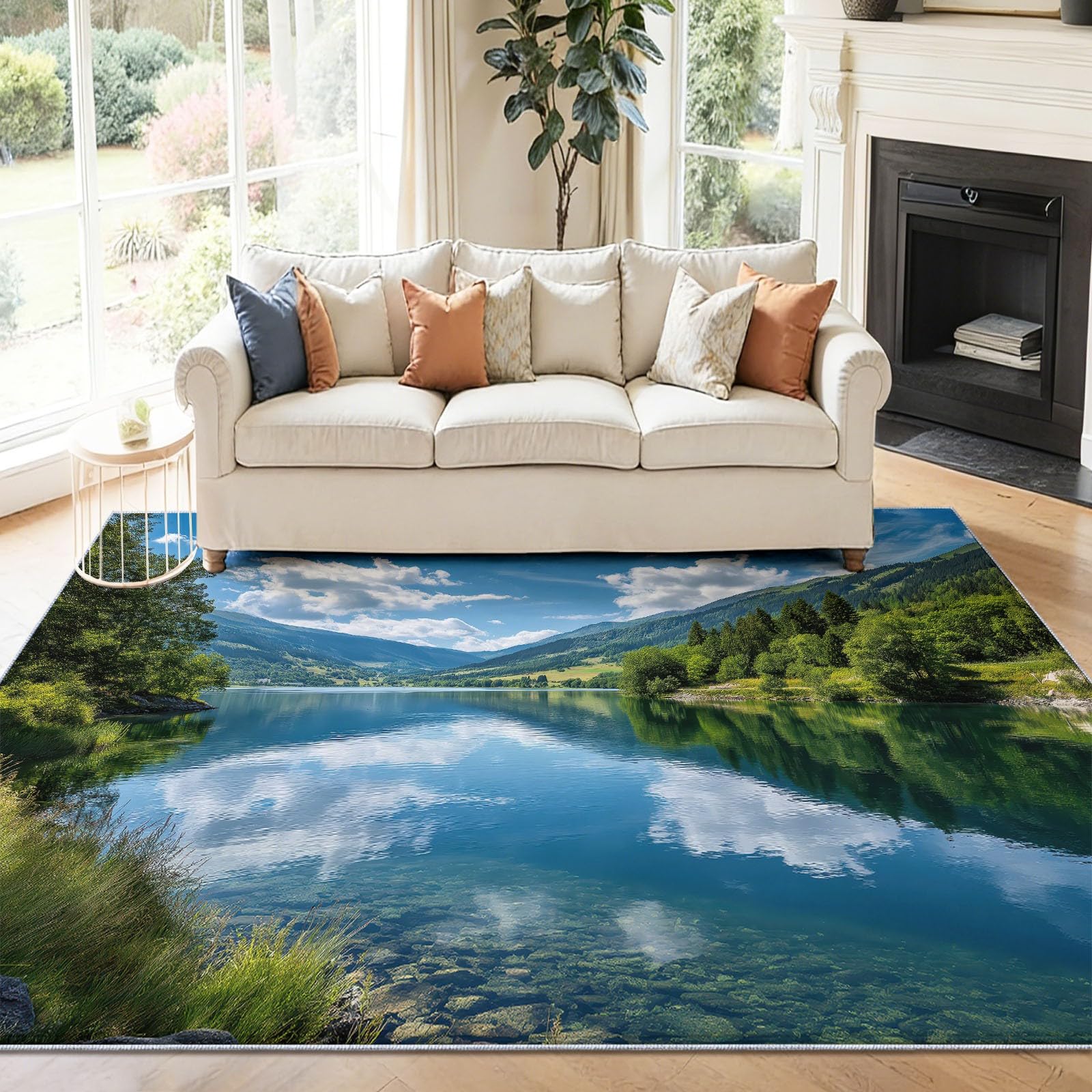 Washable 50 x 80 cm Living Room Area Rugs - Nature Scenery Sky Forests Lake Stain Resistant Rugs for Bedroom Kitchen Entryway with Non Slip Backing Home Decor Throw Carpet, Multicolored