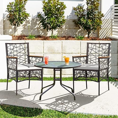 Miniatura 4 de Tangkula Patiojoy - Juego de 4 sillas de comedor al aire libre, sillas de mimbre PE para todo tipo de clima, con reposabrazos de madera de acacia y