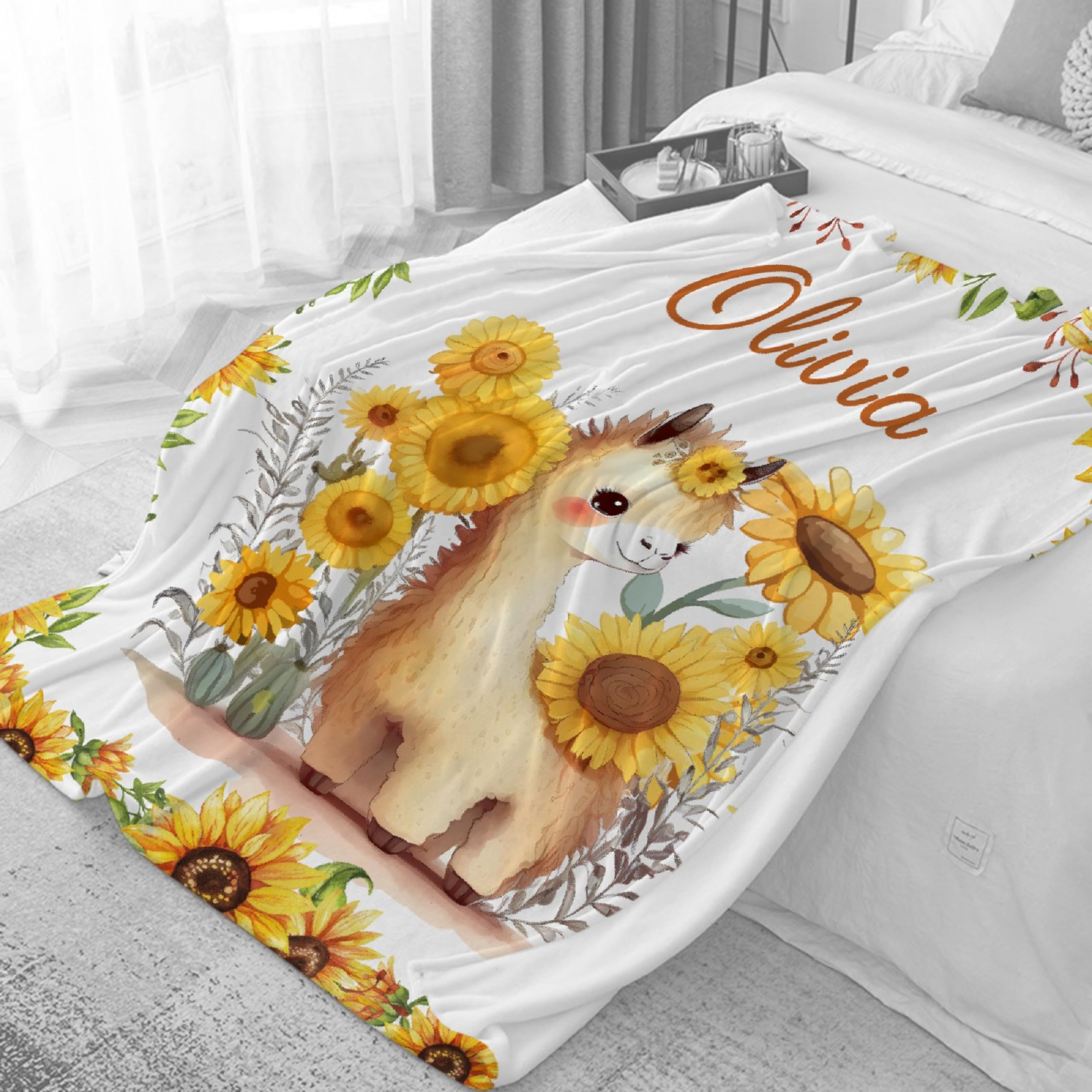 UOZGUY Personalized Sunflower Baby Blanket - Custom Name Blanket For Girls, 30x40 Inches, Ultra-Soft Flannel Fleece, With Llama Design