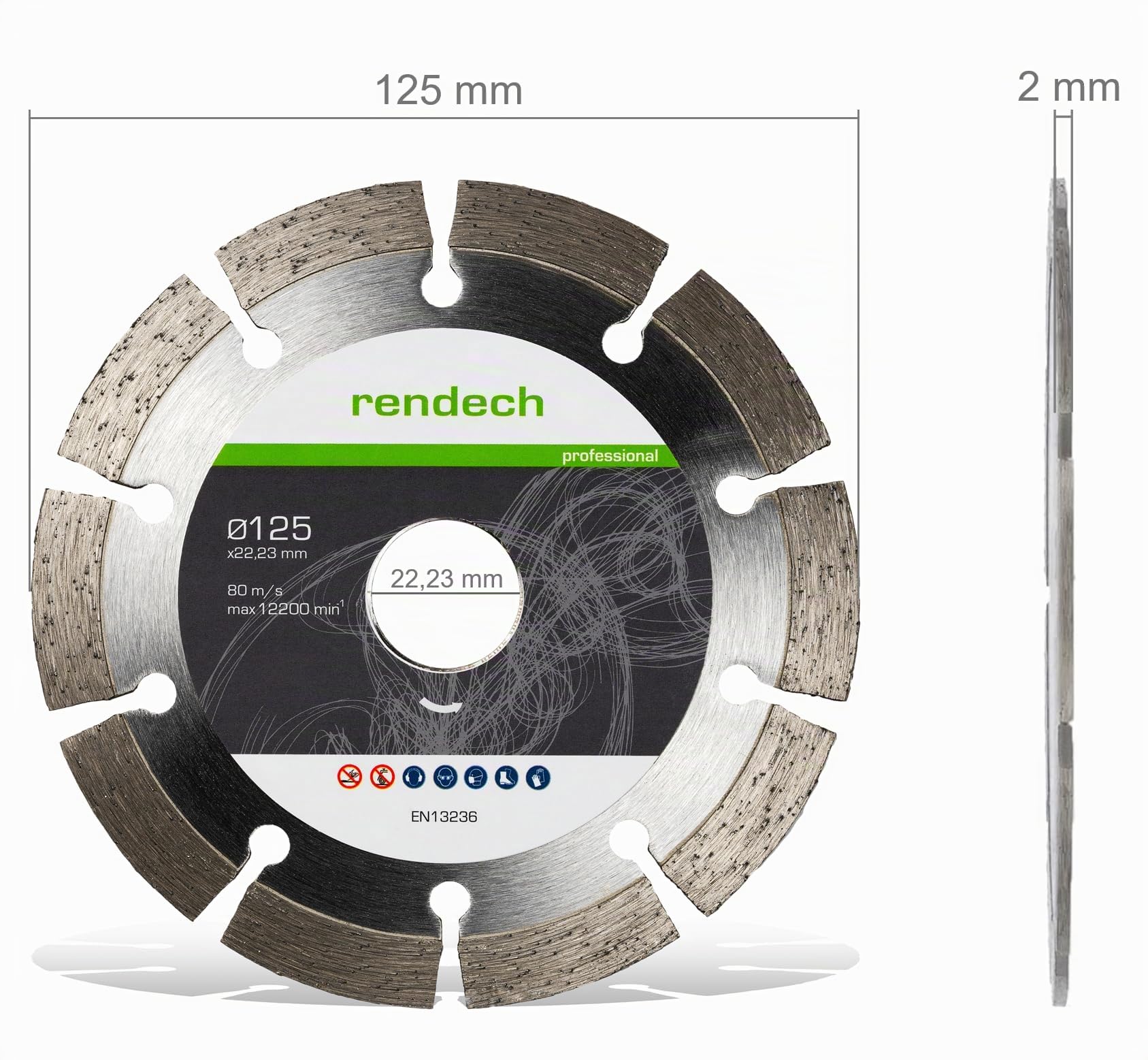 rendech® Disque diamant 125 mm professionnel pour Béton, Pierre, Brique etc. - Disques à tronçonner diamantés haute performance | Lot de 2