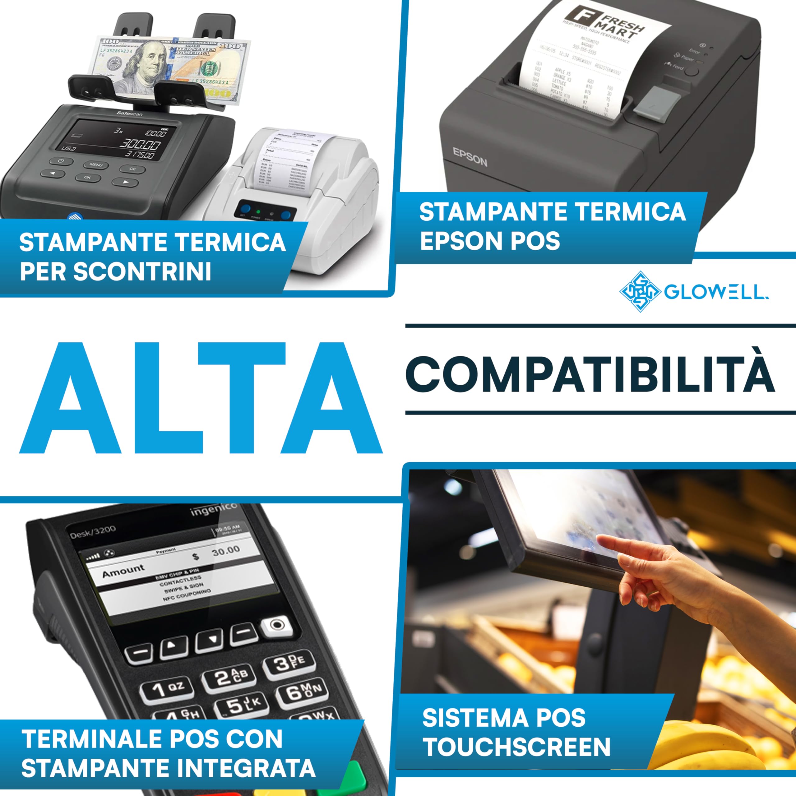 Glowell Rotoli POS 80x80 m di Lunghezza in Carta Termica con foro da 12 mm - Stampa Scontrini alta qualità, Rotoli Cassa per Stampante Termica Scontrini Bancomat, Carta Pos Made in Italy (50pz)