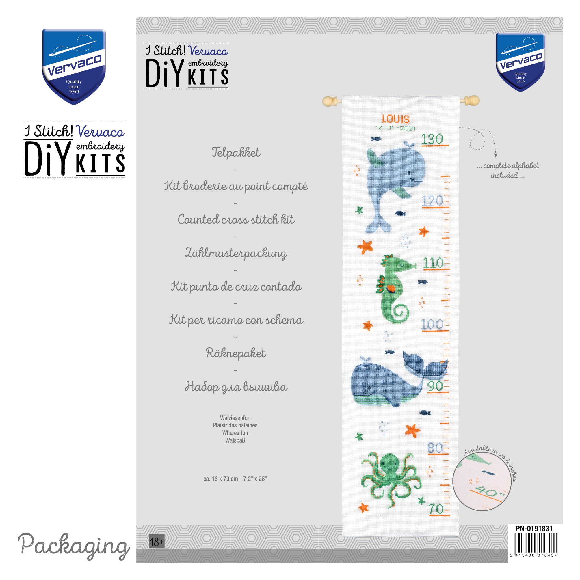 Vervaco Kit Punto De Cruz Medidor De Altura Para Niños DELIGHT DE LA BALLENA Regalos DIY Completo Creativo Manualidades Creatividad Adultos Decoracion Pared Bordar Kit Principiantes ca. 18 x 70 cm