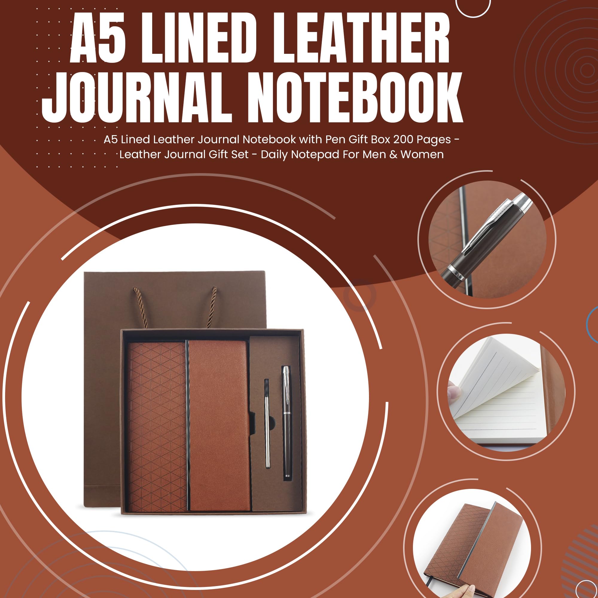 Quaderno A5 in pelle con copertina rigida con penna – Set regalo – 100 fogli – Diario con copertina personalizzata – Rilegatura cucita a filo – Blocco note giornaliero premium per ufficio, viaggi e