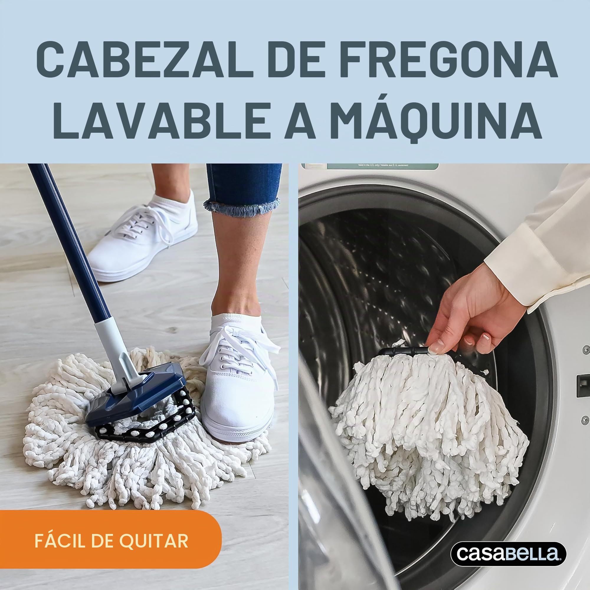 Casabella Sistema de fregona giratoria de agua limpia con recambio de cabezal de fregona adicional, sistema de fregona de diseño de dos cubos, protector contra salpicaduras, taza de medición integrada