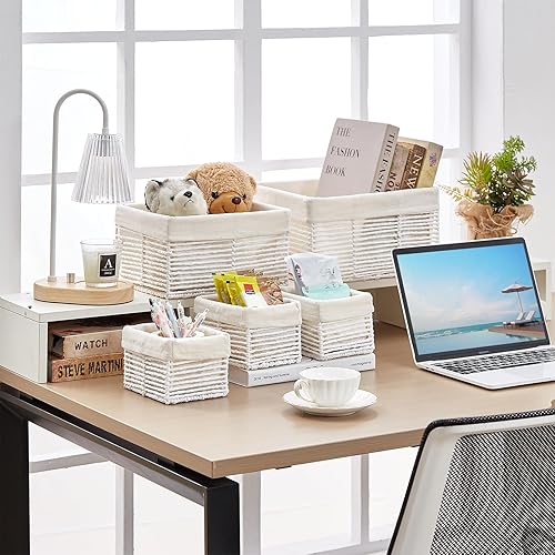 Miniatura 4 de Vagusicc Cesta de almacenamiento de mimbre, cestas de mimbre de cuerda de papel tejidas a mano, cestas rectangulares de mimbre pequeñas para