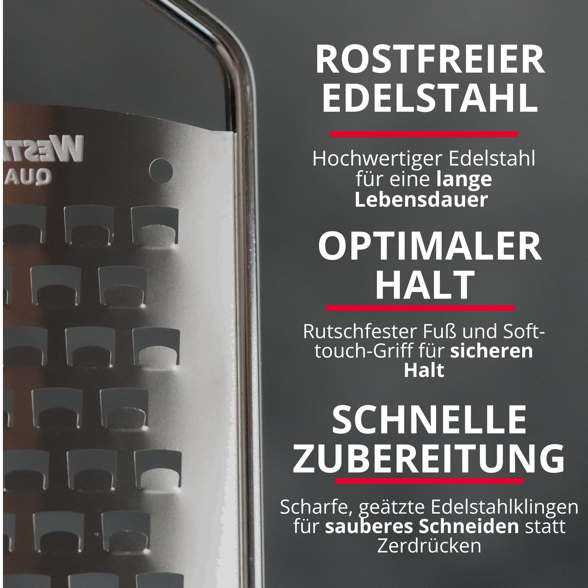 Westmark Käsereibe grob - 100% rostfreier Edelstahl - Reibe für Käse, hartes Obst, Kartoffeln & Gemüse - Küchenreibe mit Klingenschutz für eine sichere Aufbewahrung - 32 x 6,5 x 2,8 cm (silber)