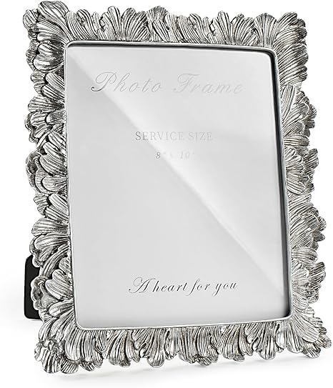 8x10 Picture Frame Silver, Vintage Silver Palm Leaves Textured Hand-Crafted Resin with Glass Front, Elegant Retro Design Photo Frame for Wall and Tabletop Display Home Decor