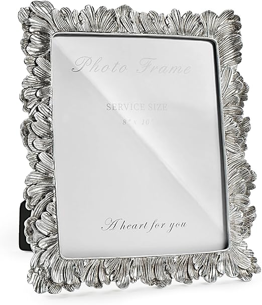 8x10 Picture Frame Silver, Vintage Silver Palm Leaves Textured Hand-Crafted Resin with Glass Front, Elegant Retro Design Photo Frame for Wall and Tabletop Display Home Decor