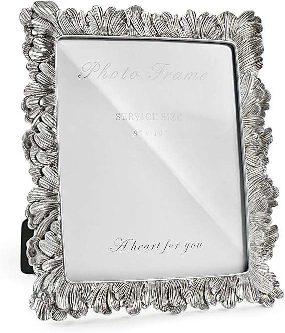 8x10 Picture Frame Silver, Vintage Silver Palm Leaves Textured Hand-Crafted Resin with Glass Front, Elegant Retro Design Photo Frame for Wall and Tabletop Display Home Decor