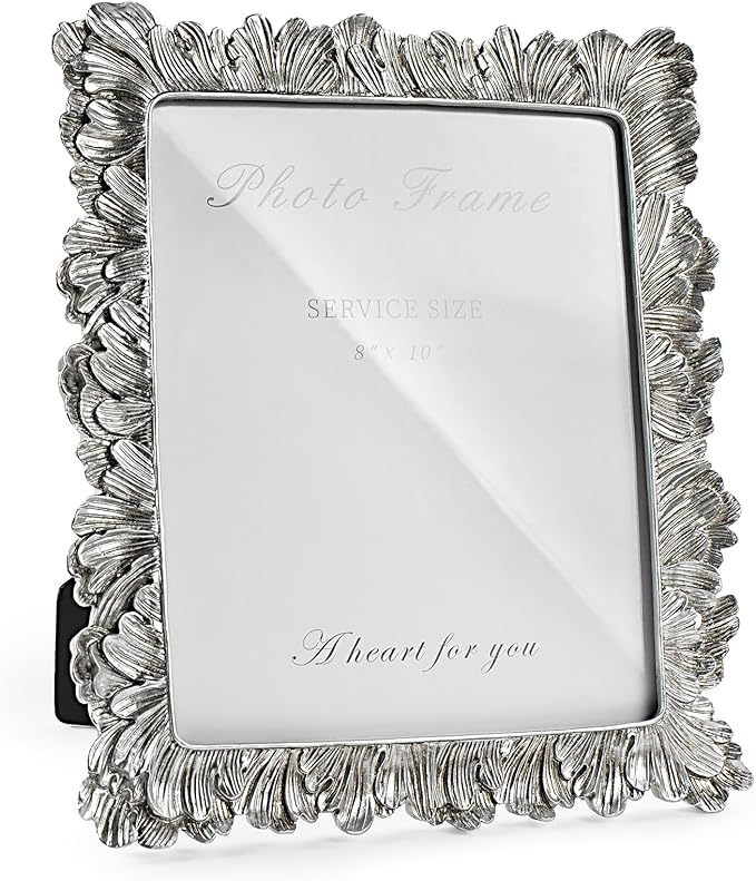 8x10 Picture Frame Silver, Vintage Silver Palm Leaves Textured Hand-Crafted Resin with Glass Front, Elegant Retro Design Photo Frame for Wall and Tabletop Display Home Decor