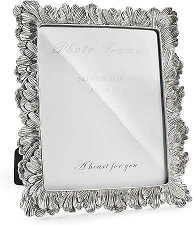 8x10 Picture Frame Silver, Vintage Silver Palm Leaves Textured Hand-Crafted Resin with Glass Front, Elegant Retro Design Photo Frame for Wall and Tabletop Display Home Decor