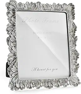 8x10 Picture Frame Silver, Vintage Silver Palm Leaves Textured Hand-Crafted Resin with Glass Front, Elegant Retro Design Photo Frame for Wall and Tabletop Display Home Decor