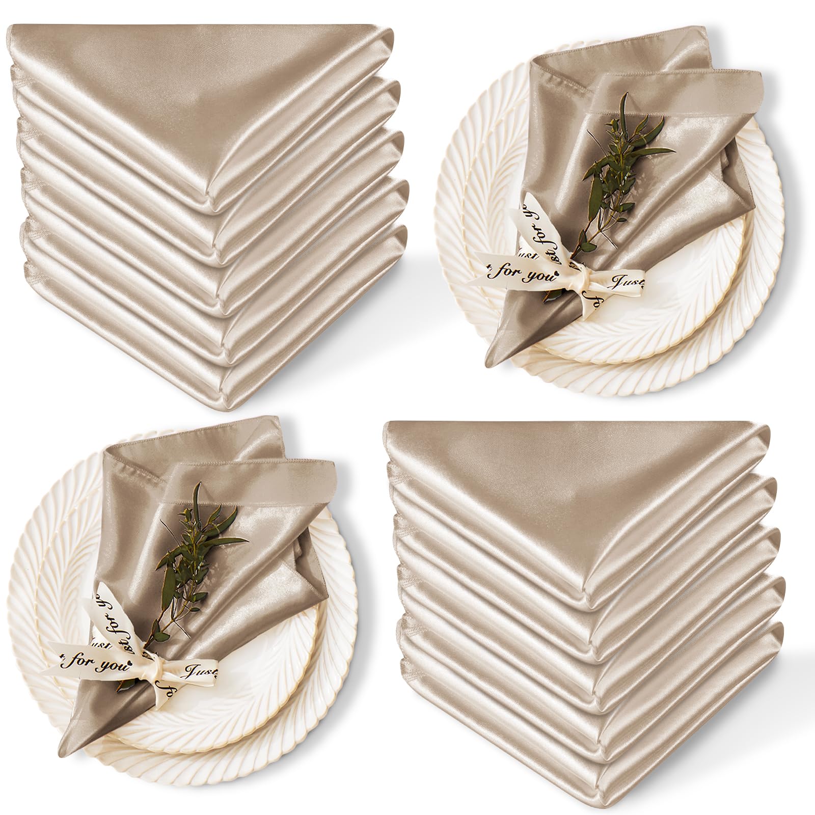 Cobedzy 12 Pack Satin Table Cloth Napkins, 17x17 Inch Taupe Silky Wedding Napkins Cloth Washable, Luxury Dining Table Cloth Napkins Set for Birthday