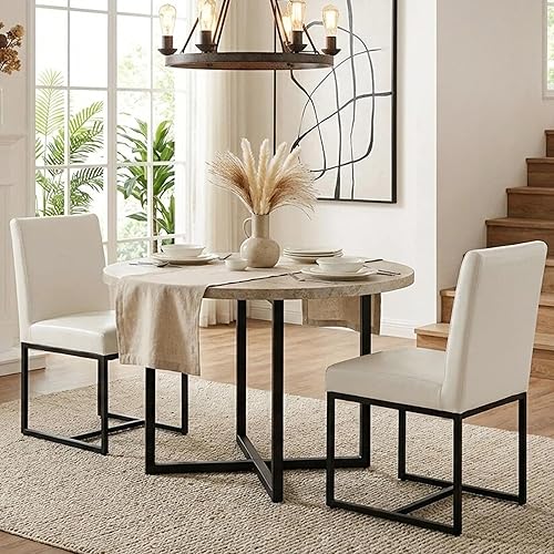 Miniatura 21 de VESCASA Juego de 2 sillas de comedor tapizadas de lino, sillas acolchadas modernas de mediados de siglo con marco de metal dorado para restaurante,