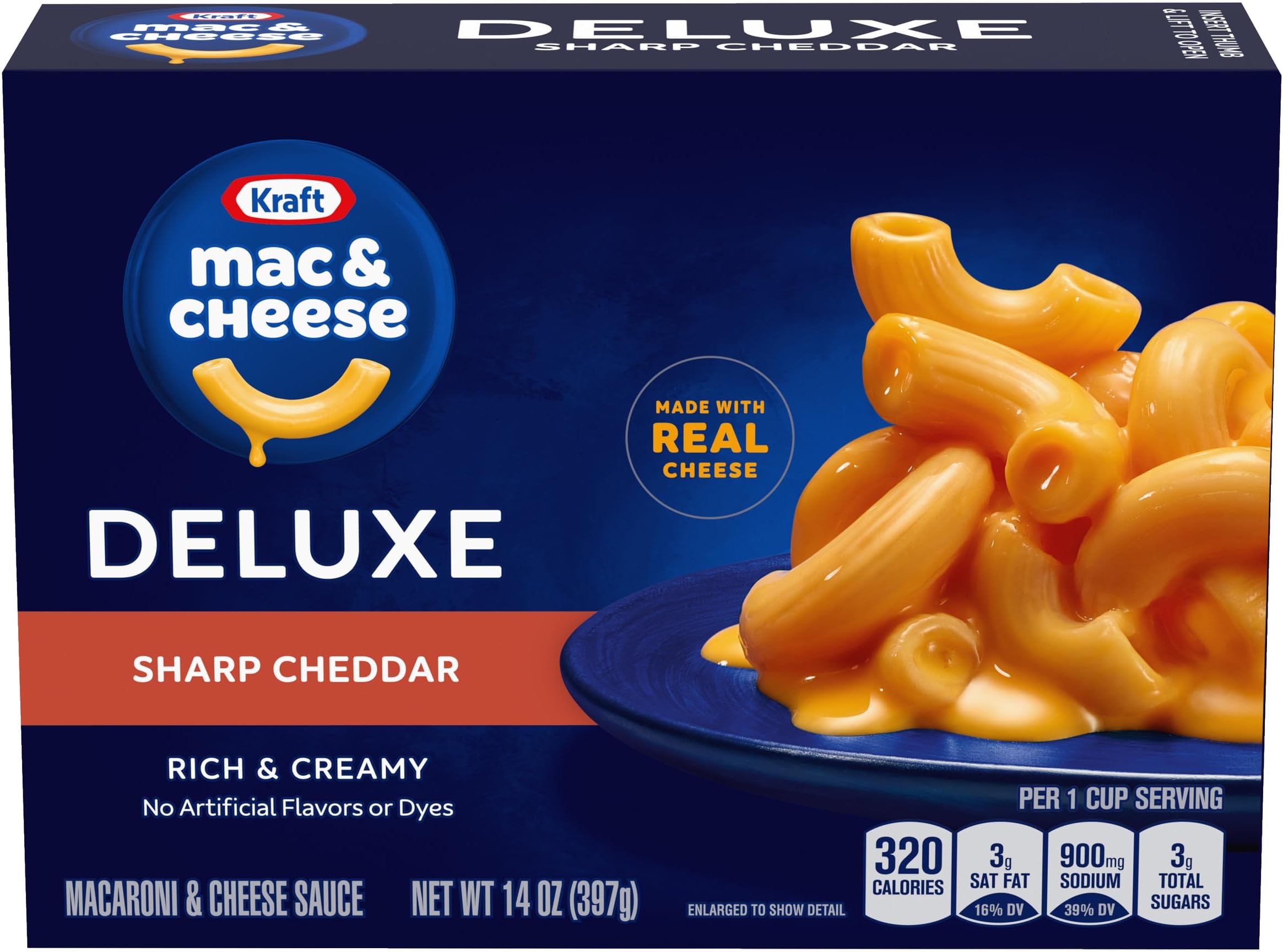Kraft Deluxe Mac and Cheese, 1 Box, for Easy Dinner or Dinner Sides, Sharp Cheddar, No Artificial Dyes or Flavors, 14 oz
