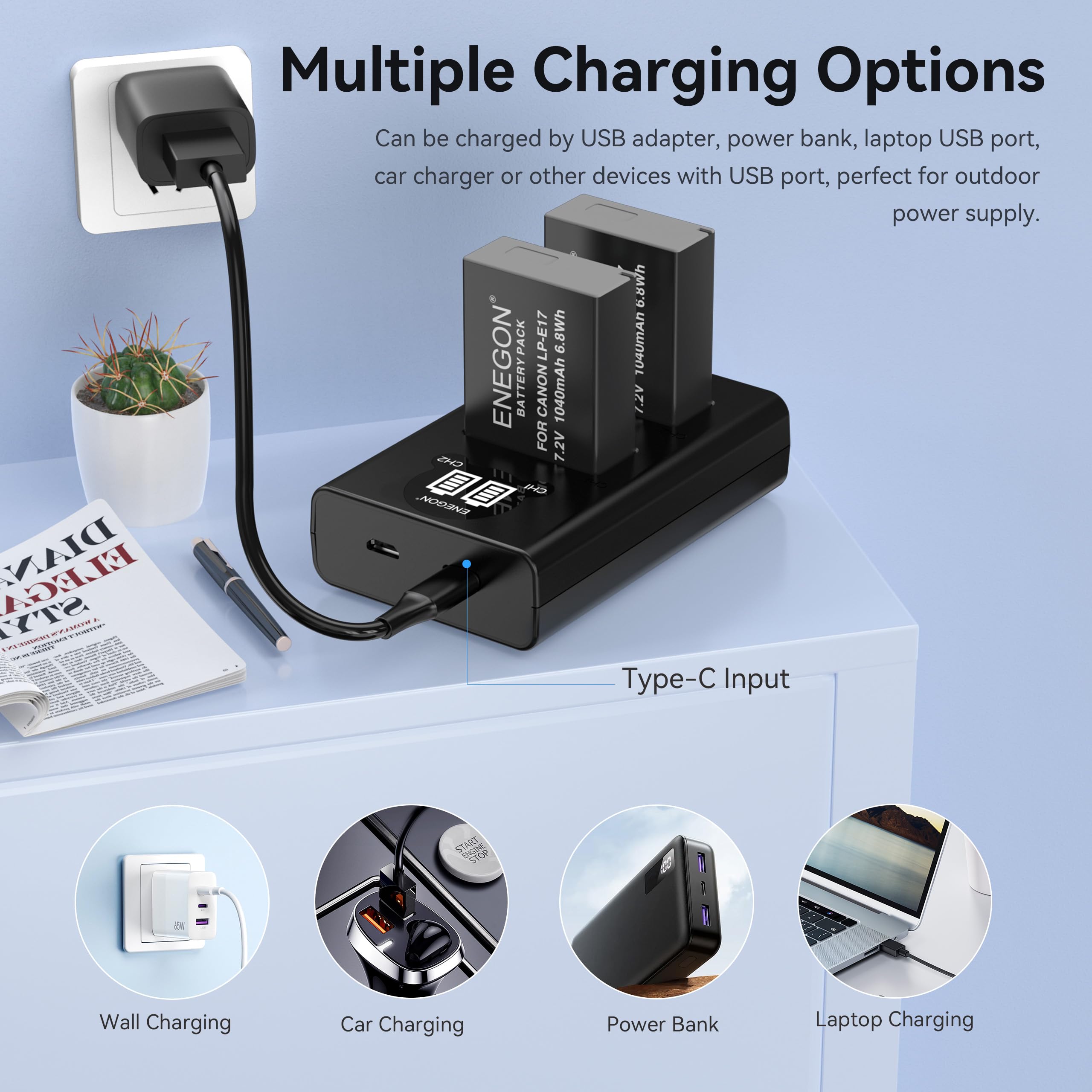 ENEGON 2 X LP-E17 1040mAh Batterien (ohne Kapazitätsverfälschung) + zweifach LCD-Ladegerät mit Doppel-Eingang, kompatibel mit Canon EOS R10/R8/RP/R50/R100/M3/M5/M6/200D/250D/750D/760D/800D/850D