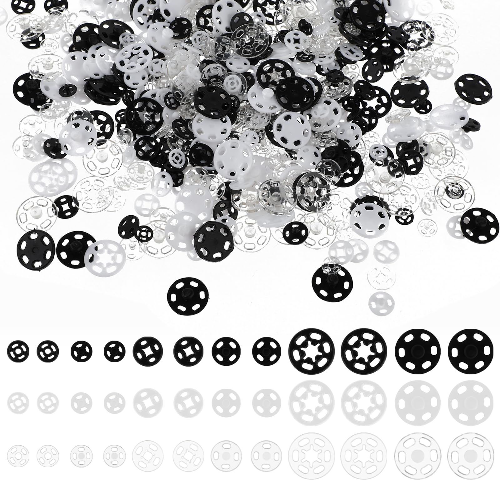 Abeillo 270 Sets Plastic Sew-on Snap Buttons Invisible Snap Fasteners Buttons Round Clear Press Button for Sewing Clothing DIY Craft, 7 mm 10 mm 15 mm (Clear, White, Black)
