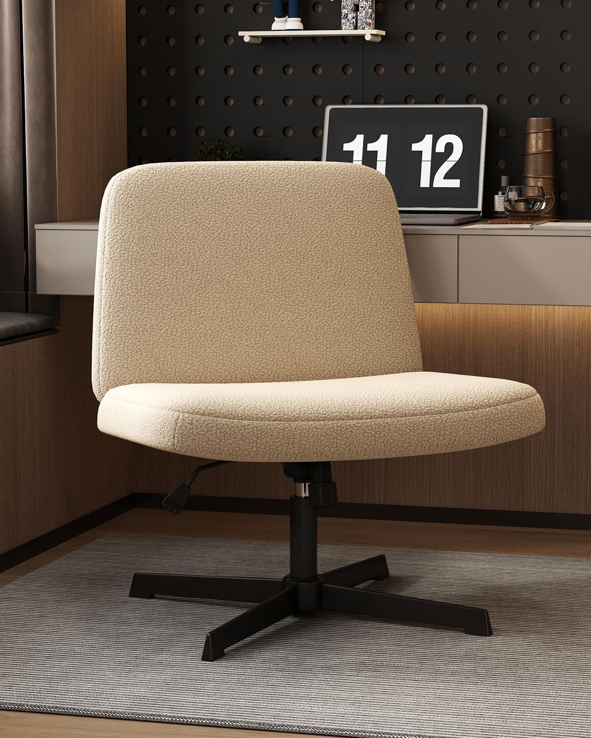 VIRRMO Armless Criss Cross Chair Comfy Office Chair Home Office Desk Chair Computer Chair Vanity Chair for Bedroom, Makeup Room, Living Room Chairs (Normal Large Seat, Ivory)