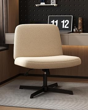 VIRRMO Armless Criss Cross Chair Comfy Office Chair Home Office Desk Chair Computer Chair Vanity Chair for Bedroom, Makeup Room, Living Room Chairs Normal Large Seat, Ivory