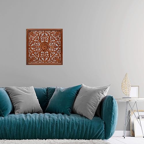 Miniatura 2 de Light & Pro Panel de arte de pared de madera de 24 x 24 pulgadas, decoración de pared decorativa marrón tallada a mano para sala de estar,