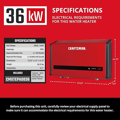 Miniatura 4 de Craftsman CMXTEPA0036 - Calentador de agua eléctrico sin tanque de 36 kW, 240 voltios, 7.3 GPM, color rojo