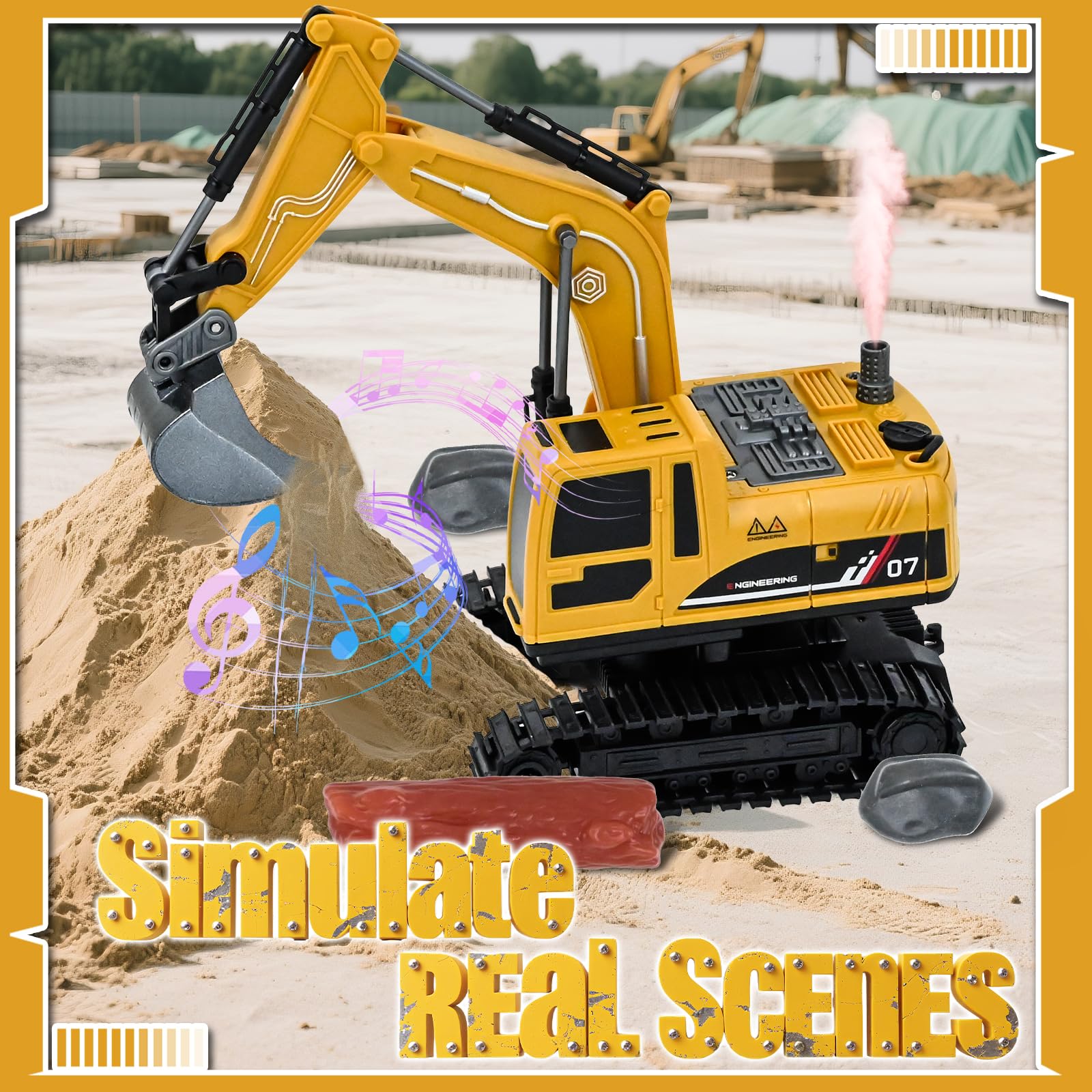 PATEMZON Excavatrice Télécommandée pour Enfants, Tractopelle Telecommandé avec Remorque, Bois et Pierres, Rechargeable RC Pelleteuse, Pelleteuse Télécommandée Cadeau de Noël Enfant 3-8 Ans