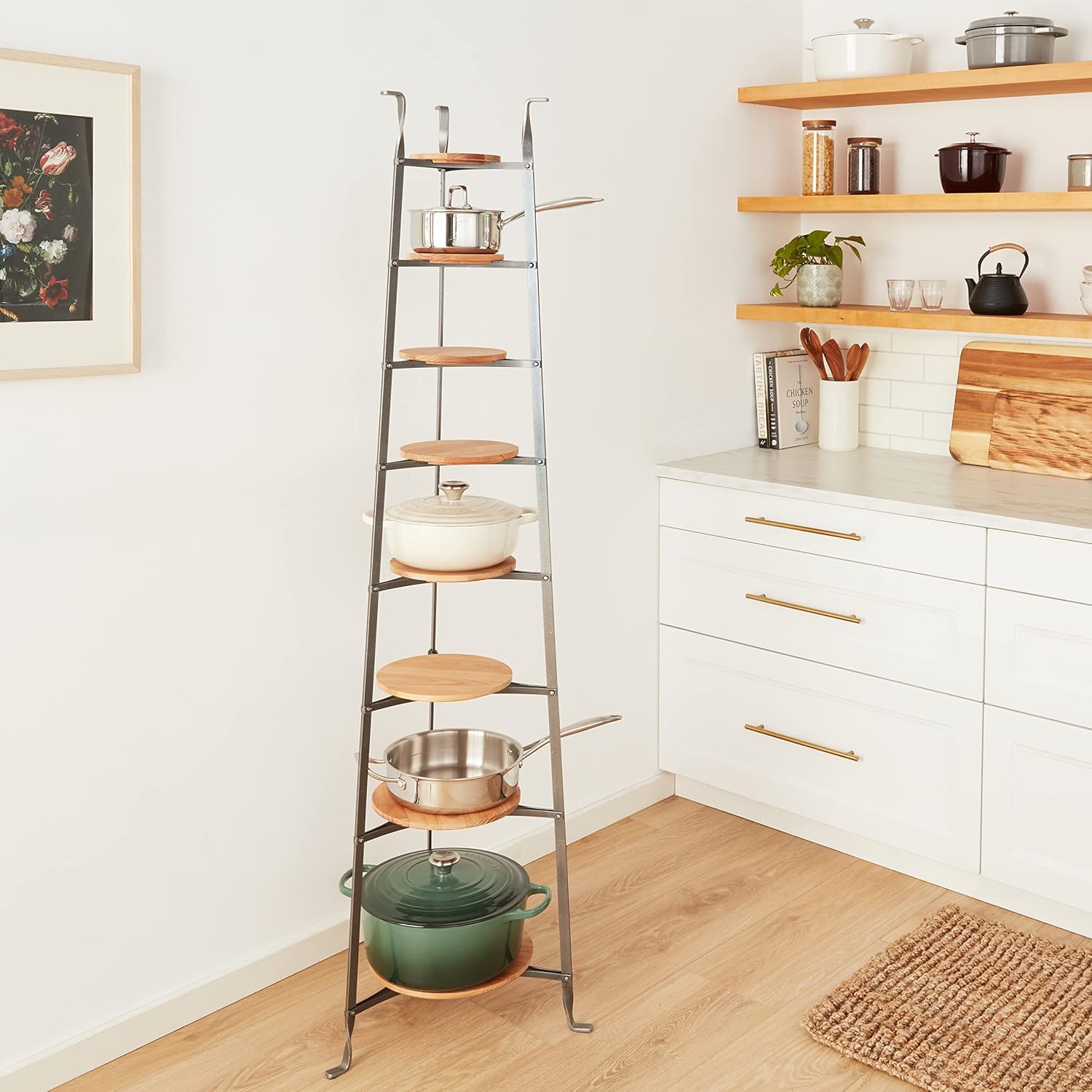 Enclume 8-Tier Gourmet Cookware Stand with Alder Shelves, Hammered Steel