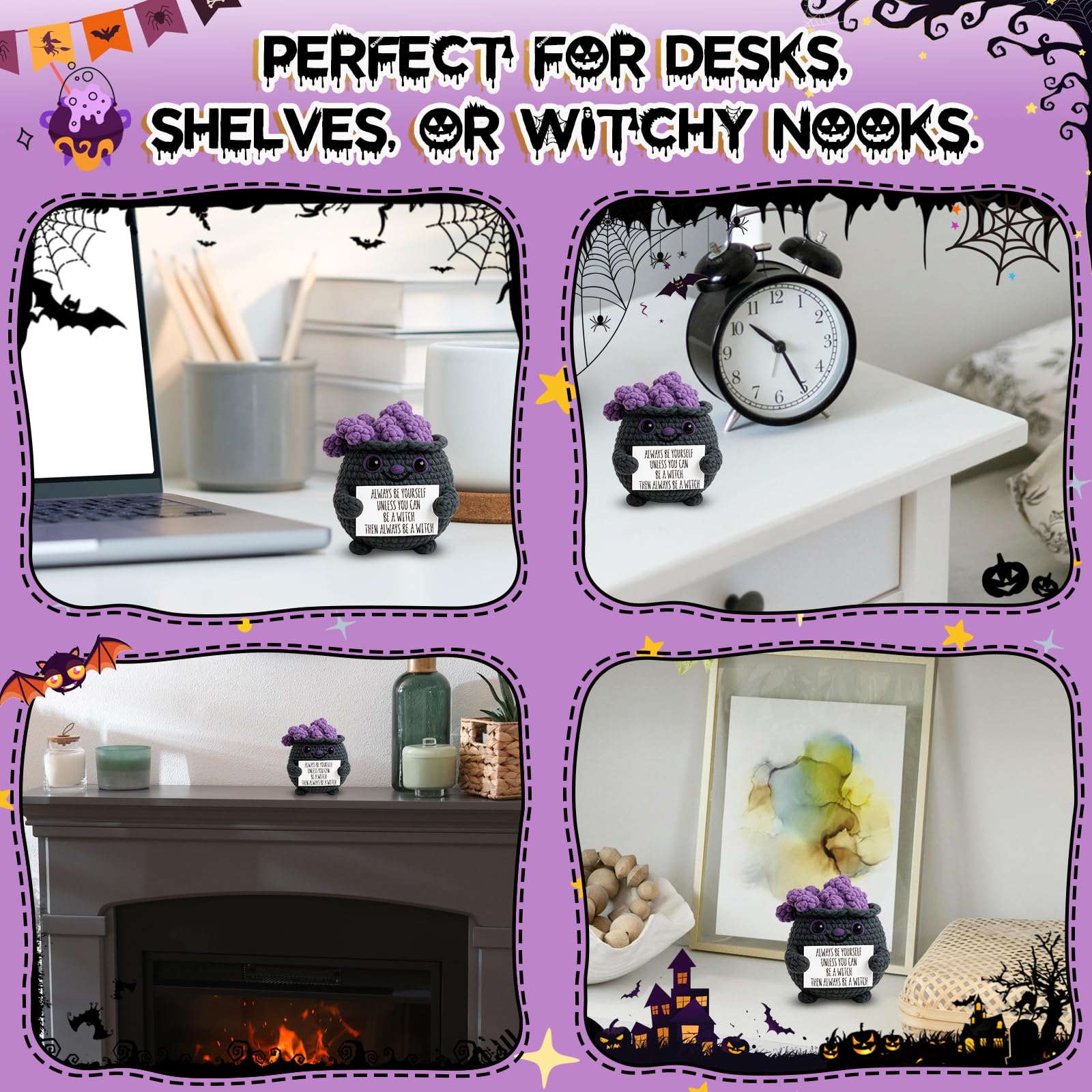 Cute Witch Cauldron Crochet Plush with Positive Affirmation Card - Unique Spooky Witchy Birthday Gifts for Women, Perfect Witchcore Halloween Boo Basket Stuffers - Seasonal Home & Office Decoration