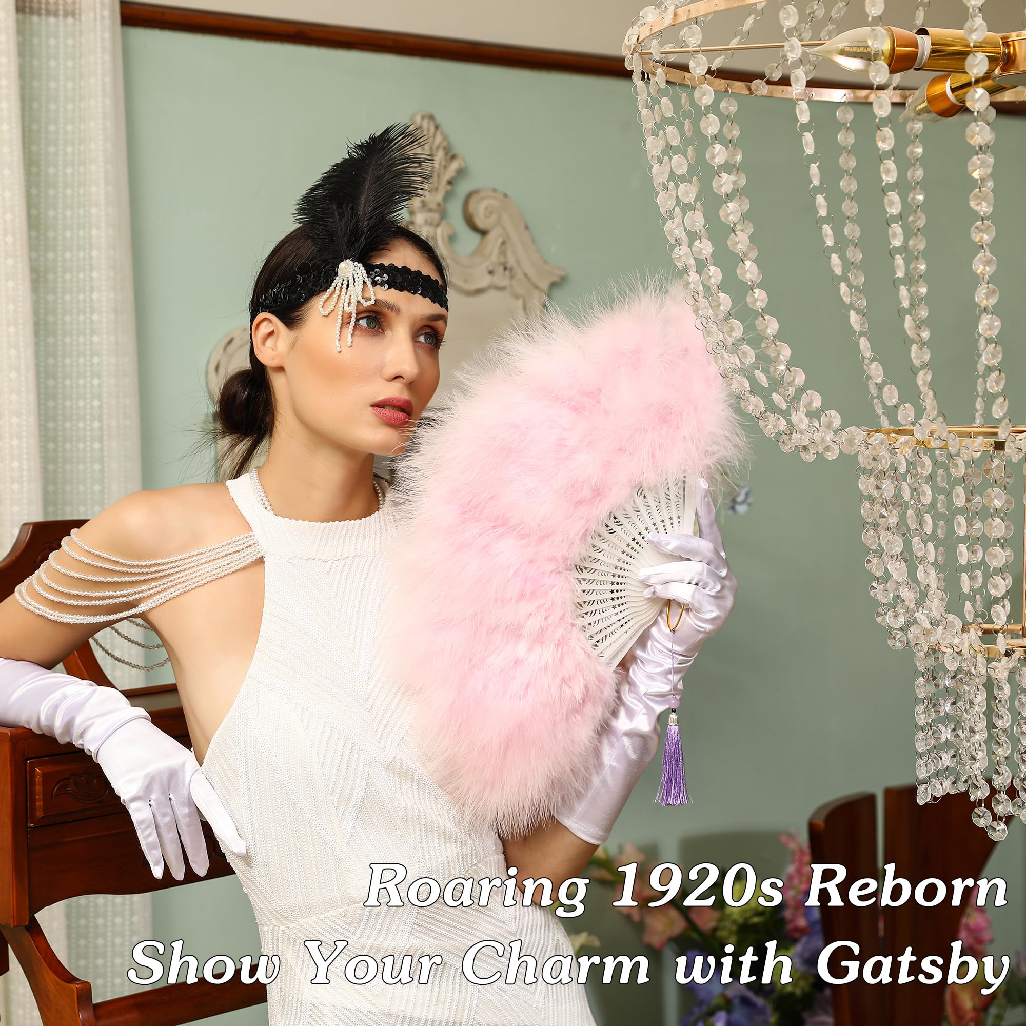 SOGUGOM Black Feather Fan with Headband - Renaissance, Rave, Hand Fan for 1920s Gatsby Party, Clothing Accessory and Party Decoration: Lavender Purple Large