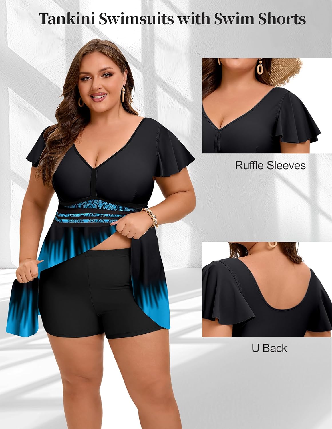 Arolina Women's Plus Size Tankini Swimsuits Swim Dress Mesh Bathing Suits Two Piece Ruffle V Neck Swimwear with Swim Shorts - Image 6